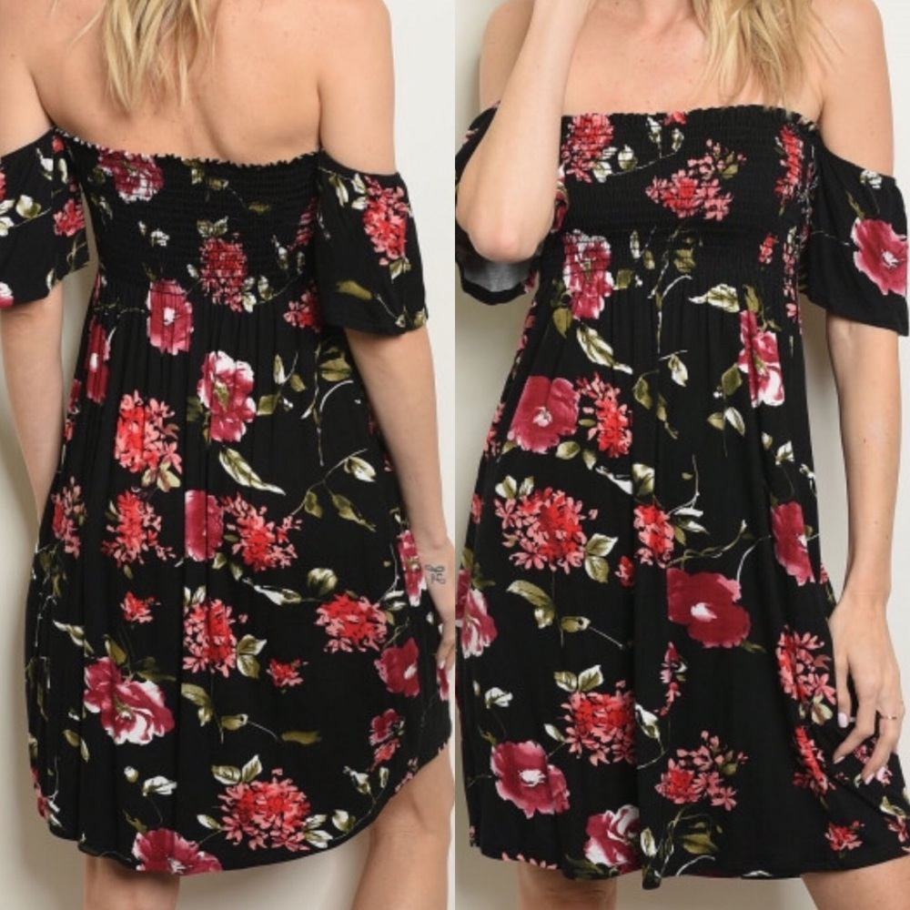 Black Smocked Off the Shoulder Floral Dress